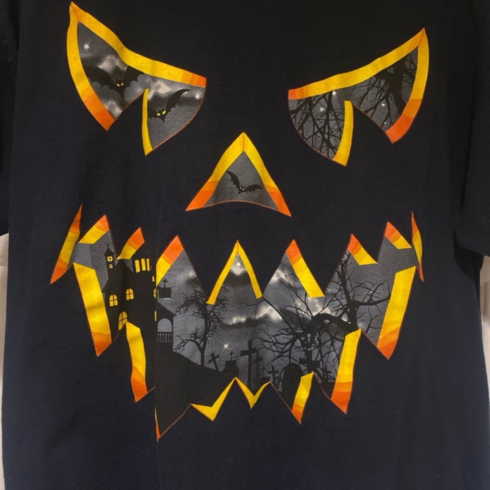 Halloween T-Shirt Black Mens Graphic Tee Scary Jack-O’-Lantern Bats Size L